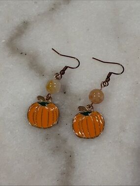 Pumpkin Drop Earrings Jade Crystal Bead Hand Crafted Autumn Jewelry